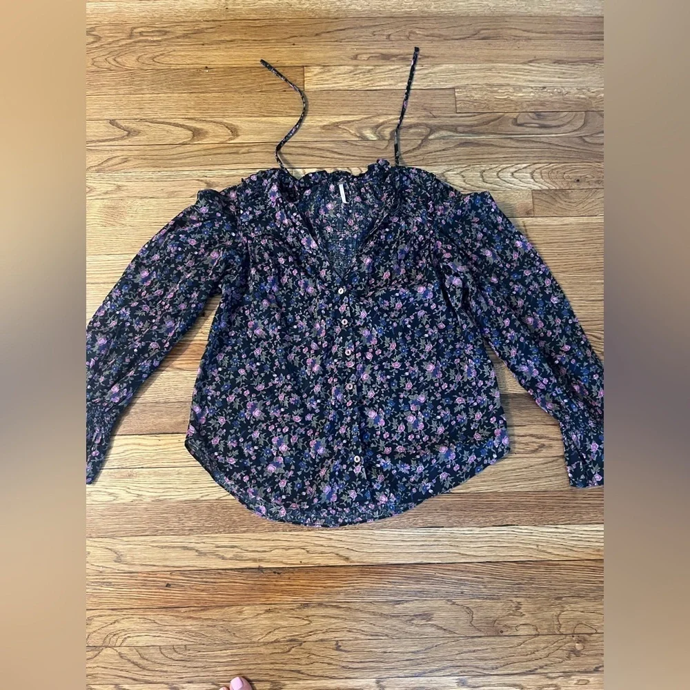 Free People Black Puff Sleeve Blouse with Ruffled Tie Front